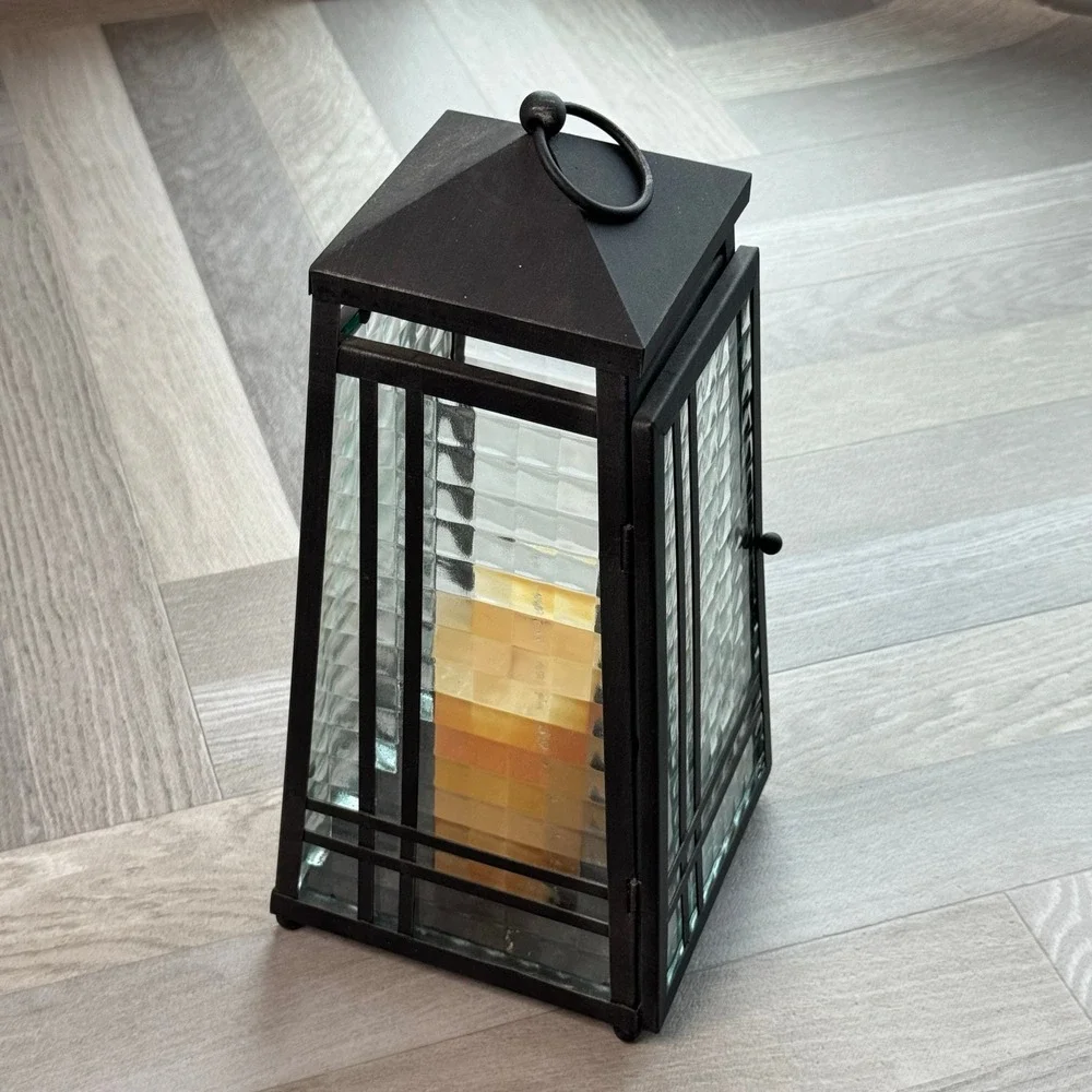 PartyLite Black Metal Mission Style Glass Candle Lantern Farmhouse Ambient Light - Picture 1 of 8